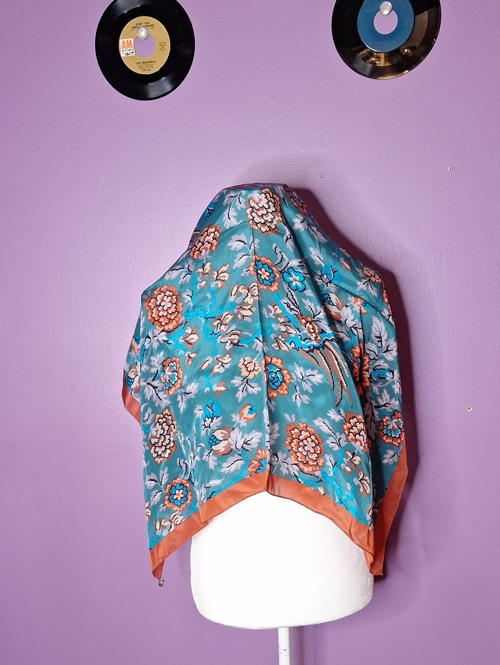 100% Silk Teal Square Scarf with Metallic Rust Border 30 X 30